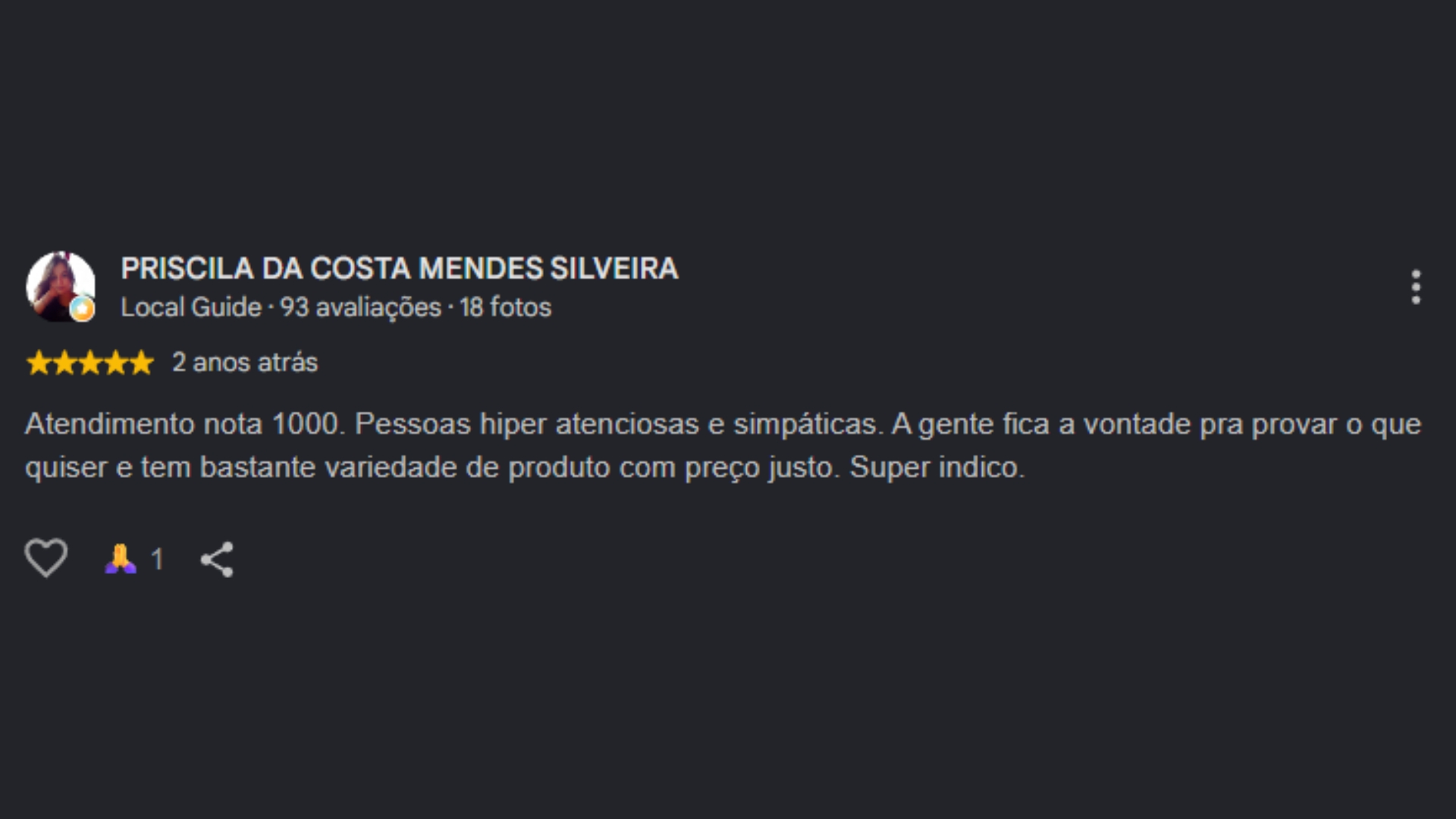 Avaliação do Google: Priscila da Costa Mendes Silveira recomenda a Ótica Ponto Focal